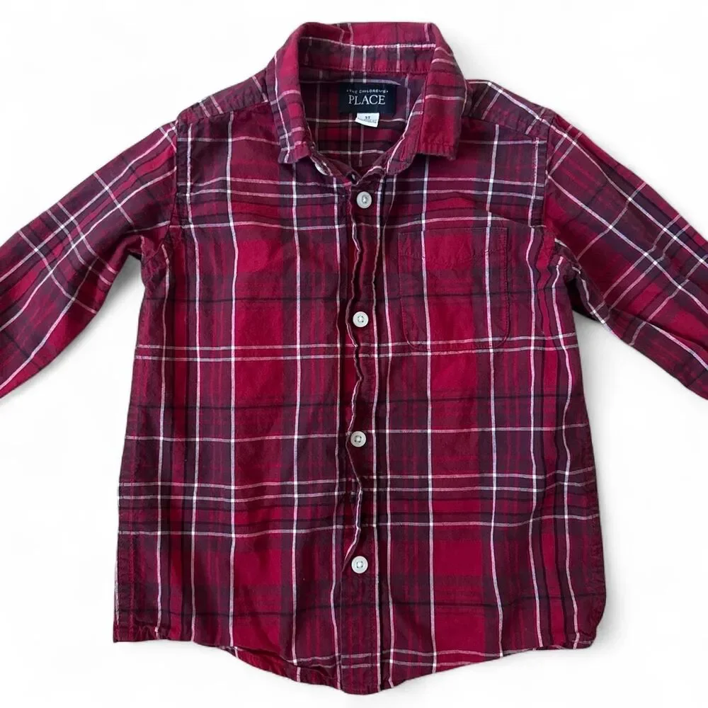 The Children’s Place Boys Red Plaid Button Down Shirt Size 5T 100% Cotton